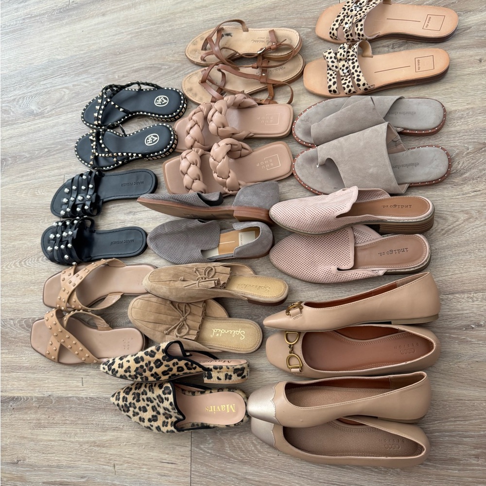 Black, Tan and Brown Flats with Rounded Toes and Slip-On Design.